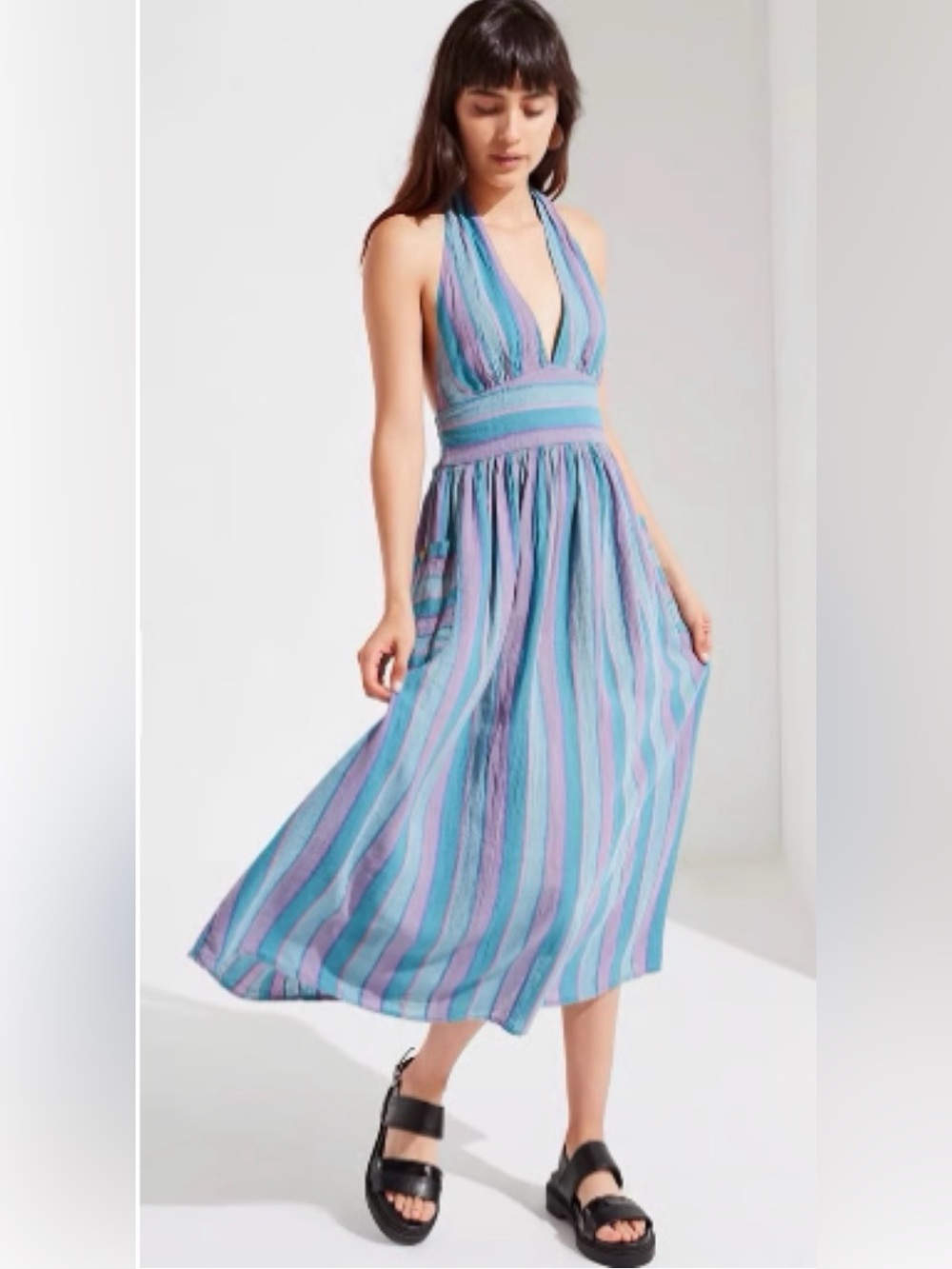 Urban Outfitters Betsey Linen Halter Midi Dress, Woman’s size Sm. Purple & Blue